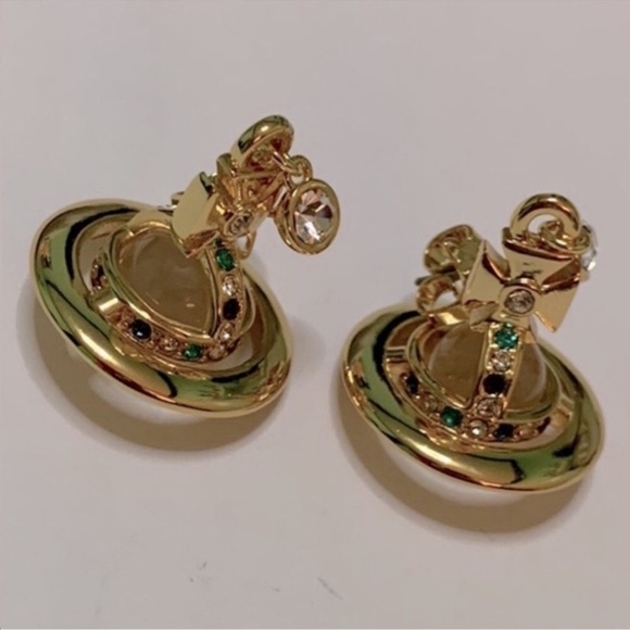 18k gold Plated crystal signature Saturn Orb drop earrings - Picture 3 of 8